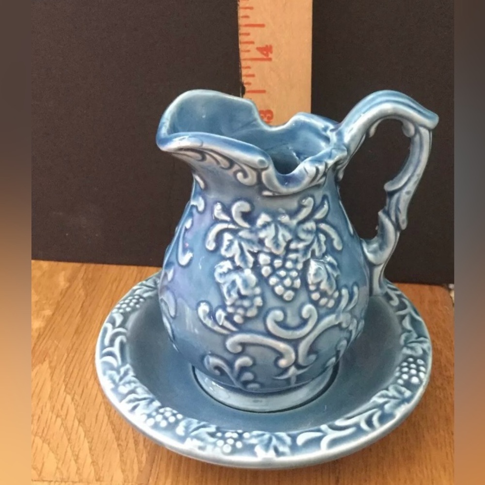 Vintage Norleans Blue Mini Pitcher Bowl Grape Pattern Japan Imperfection ceramic